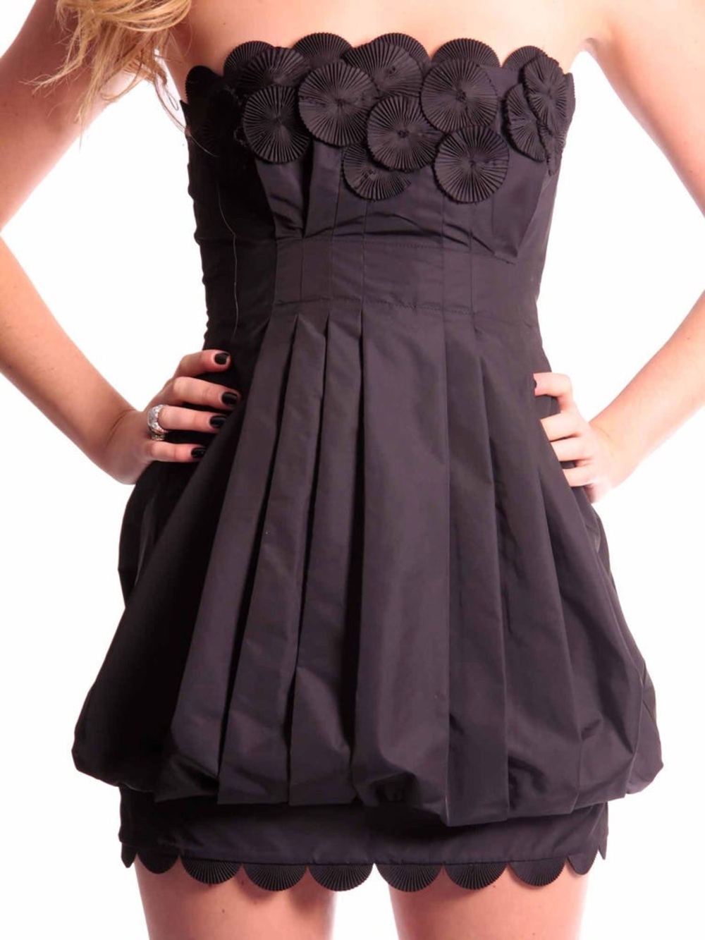 BCBG Navy Taffeta Scalloped Strapless Pleated Bubble Hem Dress